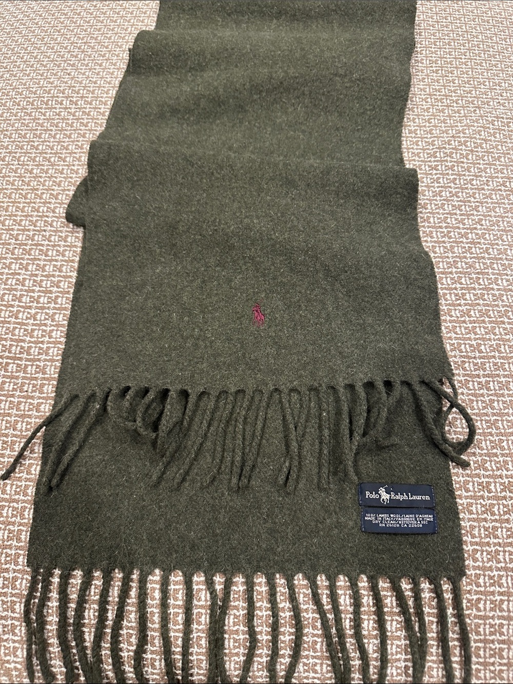 Polo by Ralph Lauren Dark Olive Green Wool Scarf with Embroidered Pony